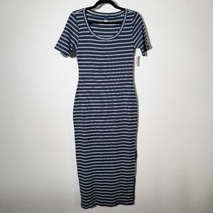 Old Navy - Women’s Fitted Short-Sleeve Striped Rib-Knit Midi Dress Navy/White M